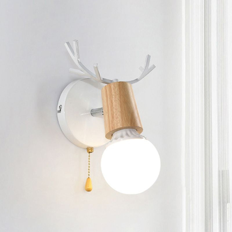 Avtoit | 1 Light Bare Bulb Wall Lamp Modern Style Black/White Finish Metal and Wood Wall Lighting with Deer Side