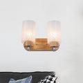 Avtoit | White Glass Cylinder Wall Light Sconces Modern 2 Heads Wood Wall Mount Lamp Holder with Rose Pattern