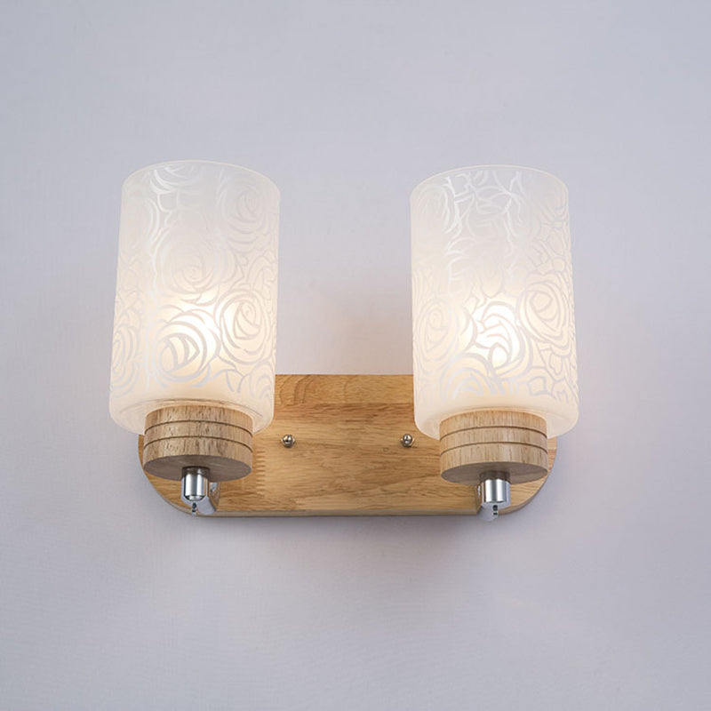 Avtoit | White Glass Cylinder Wall Light Sconces Modern 2 Heads Wood Wall Mount Lamp Holder with Rose Pattern