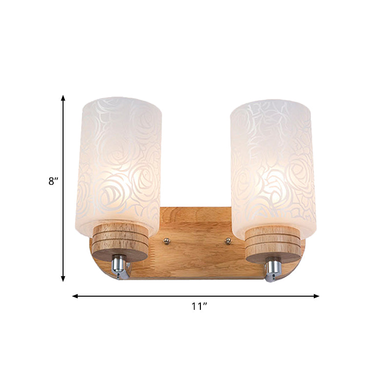 Avtoit | White Glass Cylinder Wall Light Sconces Modern 2 Heads Wood Wall Mount Lamp Holder with Rose Pattern