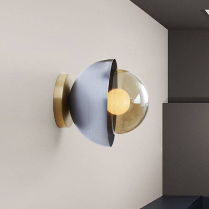 Avtoit | Metallic Half-Moon Wall Lamp Modernist 1-Light Brass/Chrome Wall Light with Orb Tan Glass Shade for Hallway