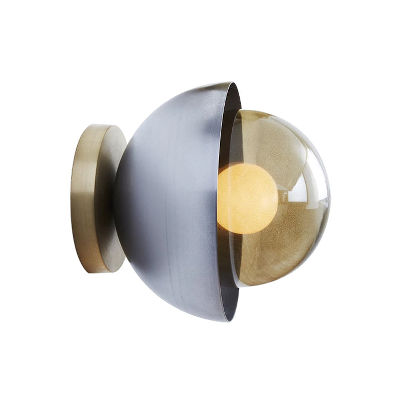 Avtoit | Metallic Half-Moon Wall Lamp Modernist 1-Light Brass/Chrome Wall Light with Orb Tan Glass Shade for Hallway