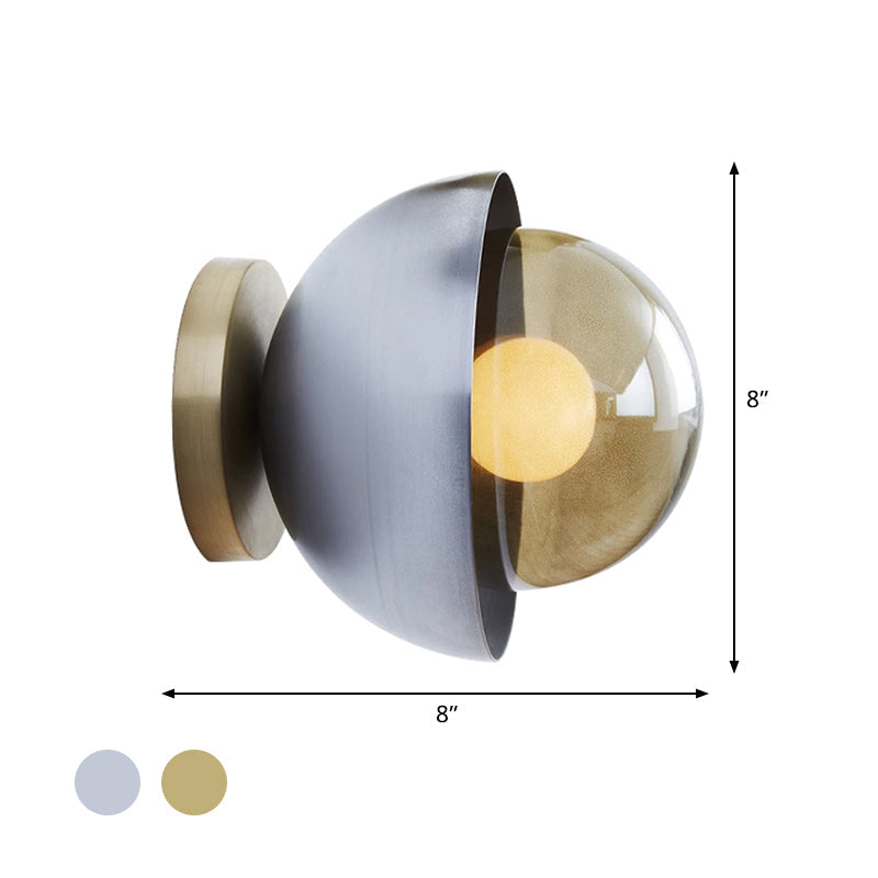 Avtoit | Metallic Half-Moon Wall Lamp Modernist 1-Light Brass/Chrome Wall Light with Orb Tan Glass Shade for Hallway