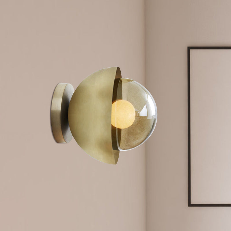 Avtoit | Metallic Half-Moon Wall Lamp Modernist 1-Light Brass/Chrome Wall Light with Orb Tan Glass Shade for Hallway