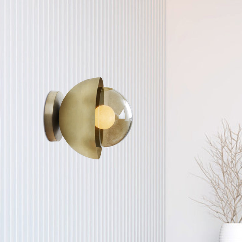 Avtoit | Metallic Half-Moon Wall Lamp Modernist 1-Light Brass/Chrome Wall Light with Orb Tan Glass Shade for Hallway