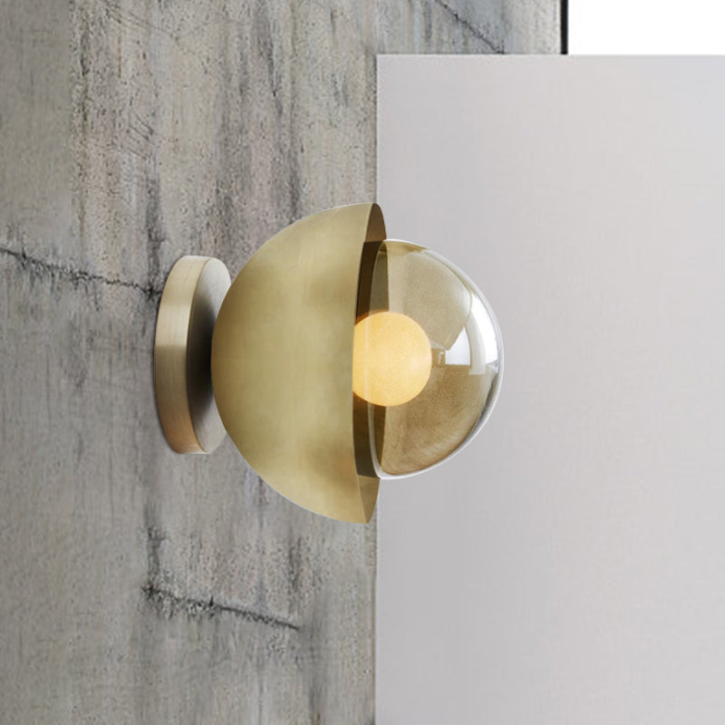 Avtoit | Metallic Half-Moon Wall Lamp Modernist 1-Light Brass/Chrome Wall Light with Orb Tan Glass Shade for Hallway