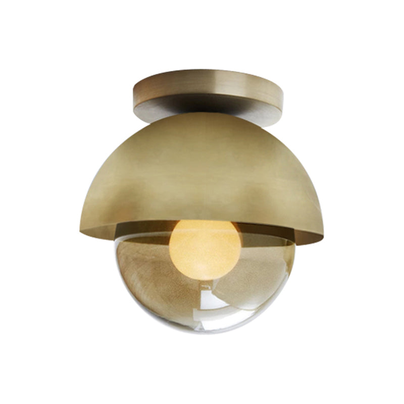 Avtoit | Metallic Half-Moon Wall Lamp Modernist 1-Light Brass/Chrome Wall Light with Orb Tan Glass Shade for Hallway