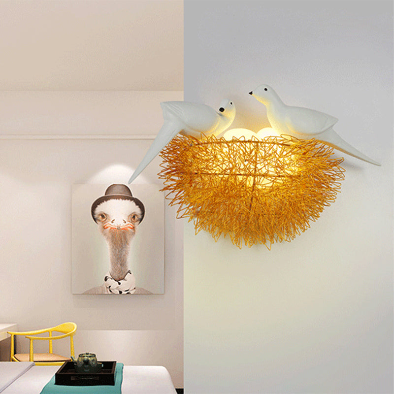 Avtoit | Gold Finish Bird Nest Flush Wall Sconce Art Deco 3 Lights Metal LED Wall Lamp with White Bird Decor