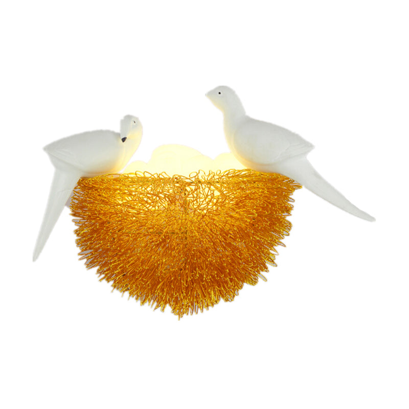 Avtoit | Gold Finish Bird Nest Flush Wall Sconce Art Deco 3 Lights Metal LED Wall Lamp with White Bird Decor