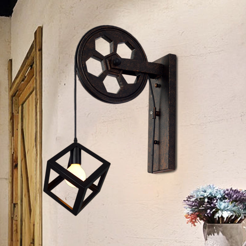 Avtoit | Black 1 Head Wall Scone Light Vintage Industrial Wrought Iron Square Cage Wall Lighting for Farmhouse