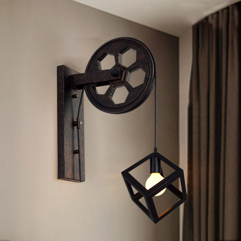 Avtoit | Black 1 Head Wall Scone Light Vintage Industrial Wrought Iron Square Cage Wall Lighting for Farmhouse