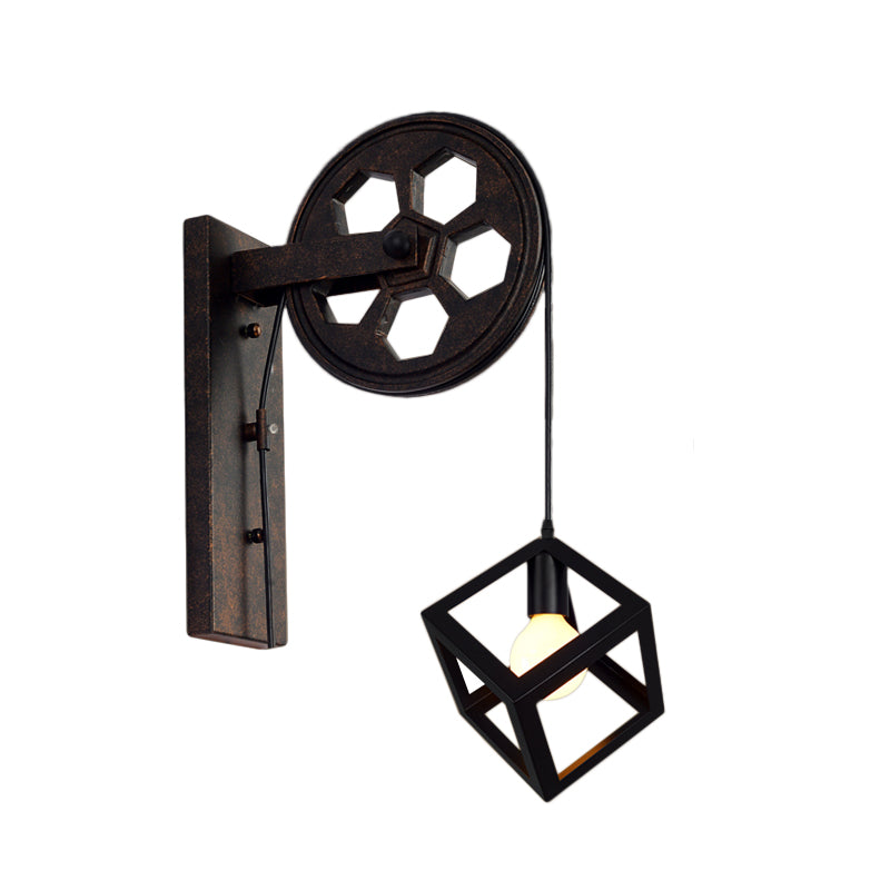 Avtoit | Black 1 Head Wall Scone Light Vintage Industrial Wrought Iron Square Cage Wall Lighting for Farmhouse