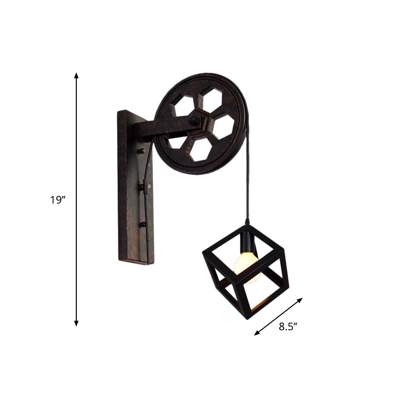 Avtoit | Black 1 Head Wall Scone Light Vintage Industrial Wrought Iron Square Cage Wall Lighting for Farmhouse