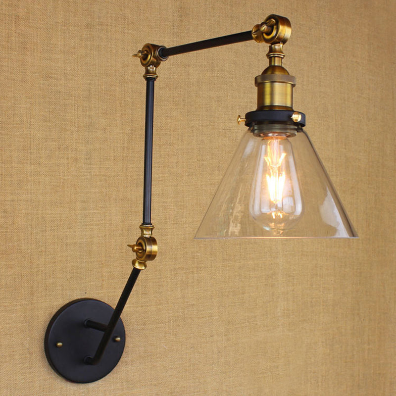 Avtoit | Vintage Tapered Wall Lamp Fixture 1 Light Source Clear Glass Wall Lamp in Brass with Extendable Arm