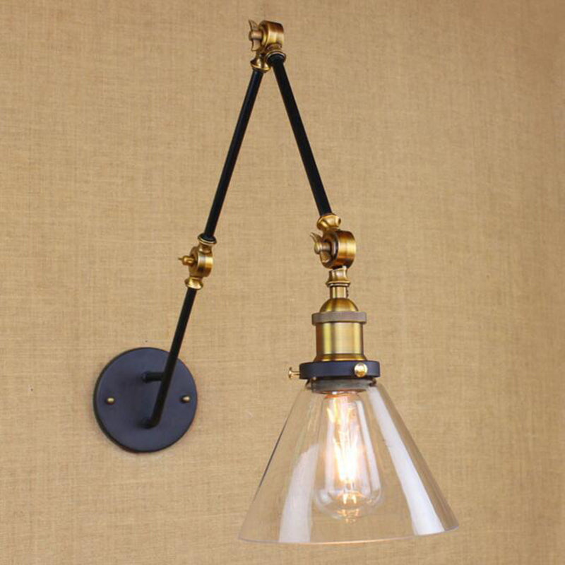 Avtoit | Vintage Tapered Wall Lamp Fixture 1 Light Source Clear Glass Wall Lamp in Brass with Extendable Arm