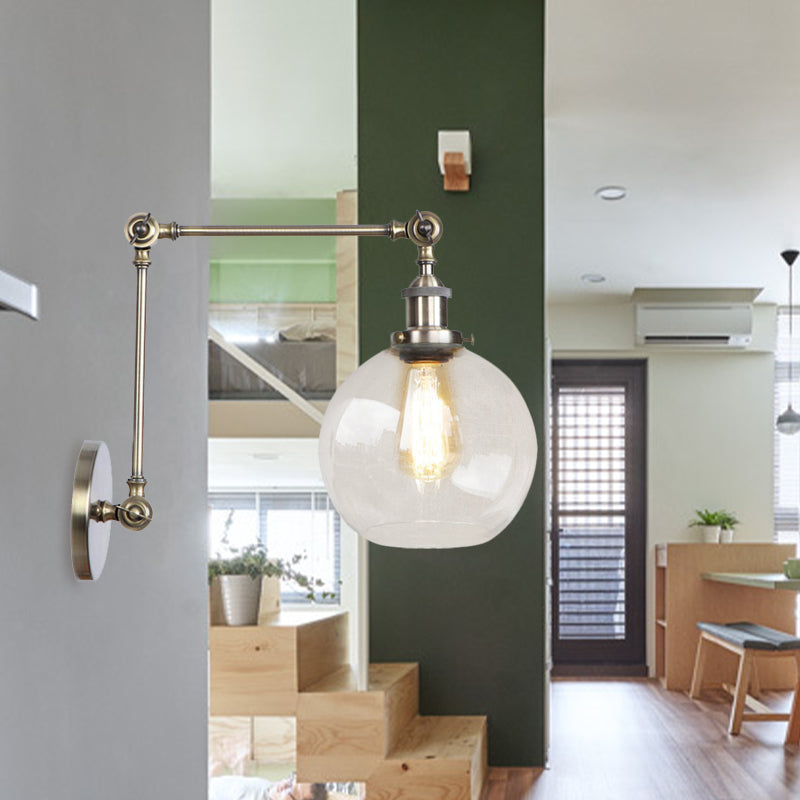 Avtoit | Rustic Globe Wall Lighting Fixture 1 Bulb Clear Glass Sconces Light in Antique Brass