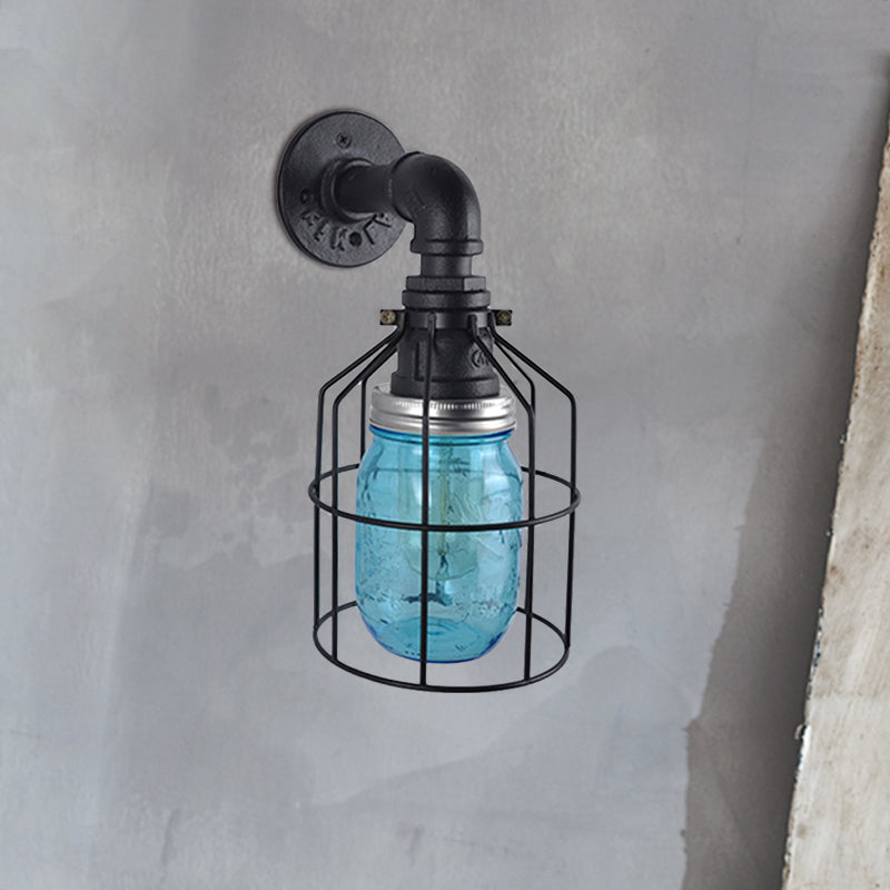 Avtoit | Blue/Clear Glass Shade Wall Lamp with Wire Cage Industrial Style Glass 1 Bulb Restaurant Wall Light