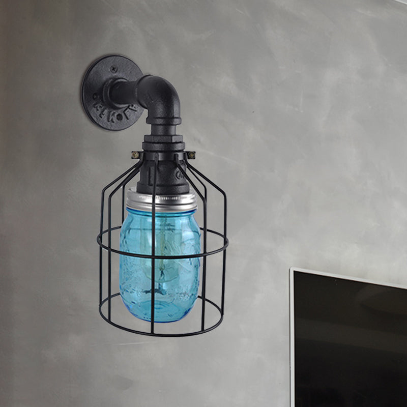 Avtoit | Blue/Clear Glass Shade Wall Lamp with Wire Cage Industrial Style Glass 1 Bulb Restaurant Wall Light