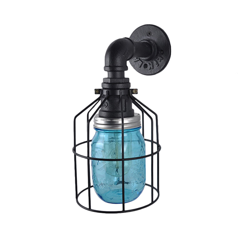Avtoit | Blue/Clear Glass Shade Wall Lamp with Wire Cage Industrial Style Glass 1 Bulb Restaurant Wall Light