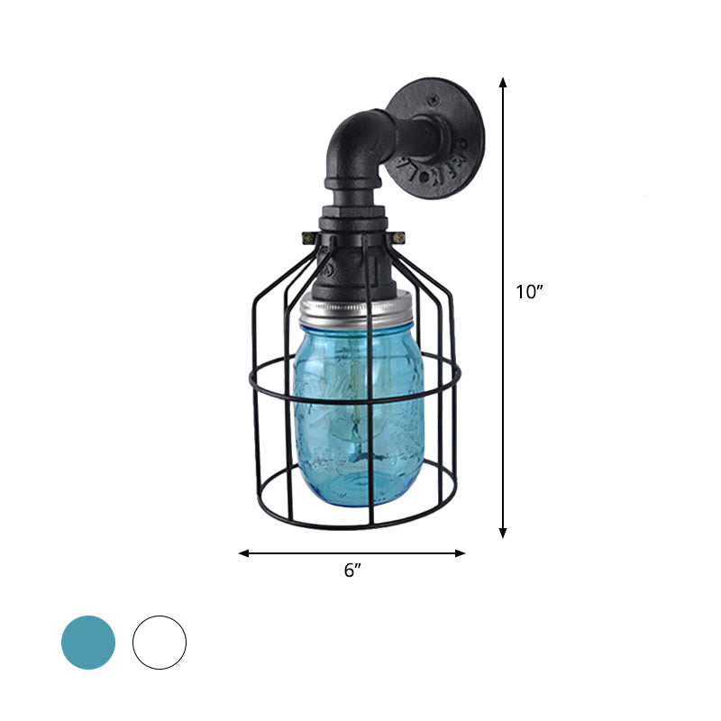 Avtoit | Blue/Clear Glass Shade Wall Lamp with Wire Cage Industrial Style Glass 1 Bulb Restaurant Wall Light