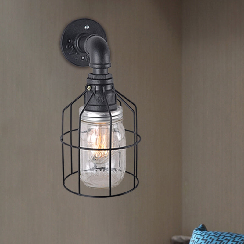 Avtoit | Blue/Clear Glass Shade Wall Lamp with Wire Cage Industrial Style Glass 1 Bulb Restaurant Wall Light