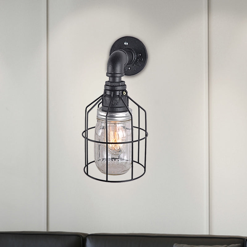 Avtoit | Blue/Clear Glass Shade Wall Lamp with Wire Cage Industrial Style Glass 1 Bulb Restaurant Wall Light