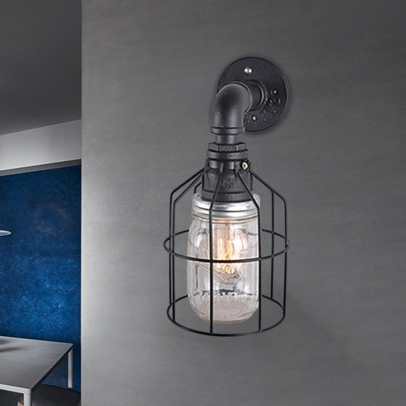 Avtoit | Blue/Clear Glass Shade Wall Lamp with Wire Cage Industrial Style Glass 1 Bulb Restaurant Wall Light