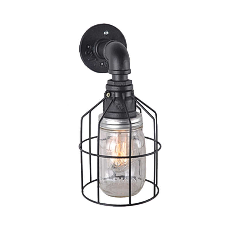 Avtoit | Blue/Clear Glass Shade Wall Lamp with Wire Cage Industrial Style Glass 1 Bulb Restaurant Wall Light