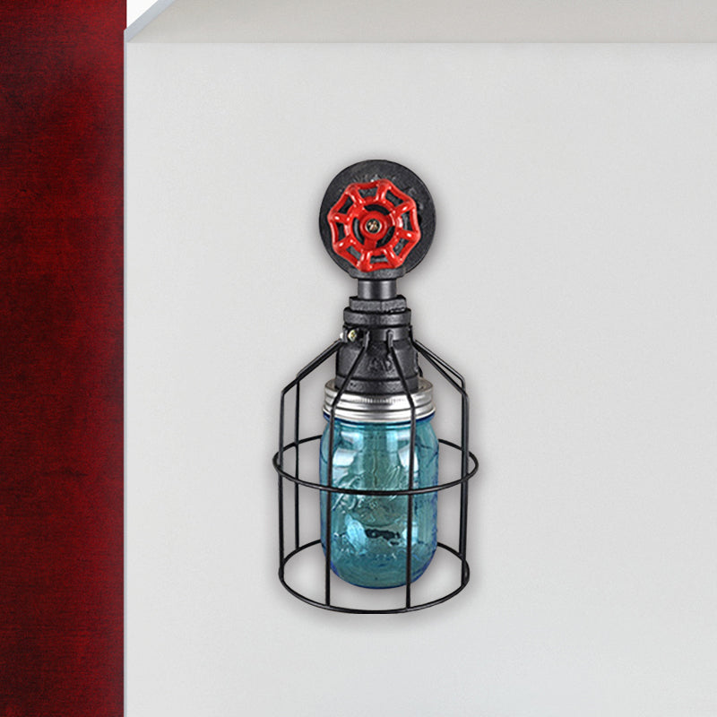 Avtoit | Vintage Caged Wall Lamp with Inner Pot Shade and Red Flap 1 Light Glass Wall Lighting in Blue/Transparent
