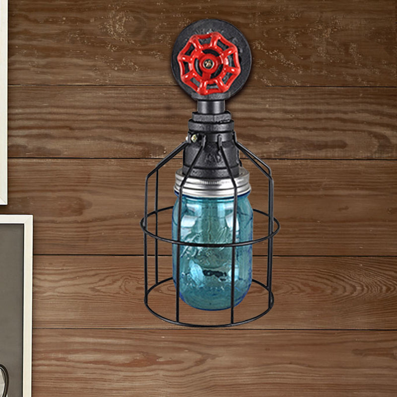 Avtoit | Vintage Caged Wall Lamp with Inner Pot Shade and Red Flap 1 Light Glass Wall Lighting in Blue/Transparent