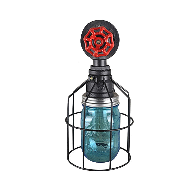 Avtoit | Vintage Caged Wall Lamp with Inner Pot Shade and Red Flap 1 Light Glass Wall Lighting in Blue/Transparent