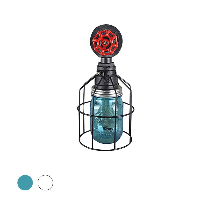 Avtoit | Vintage Caged Wall Lamp with Inner Pot Shade and Red Flap 1 Light Glass Wall Lighting in Blue/Transparent