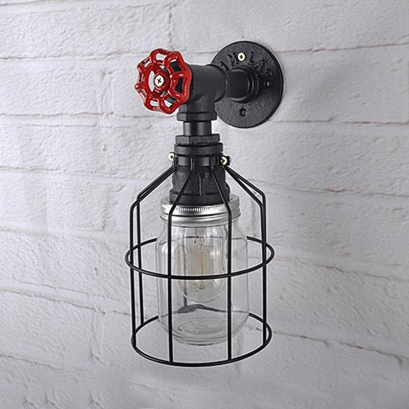 Avtoit | Vintage Caged Wall Lamp with Inner Pot Shade and Red Flap 1 Light Glass Wall Lighting in Blue/Transparent