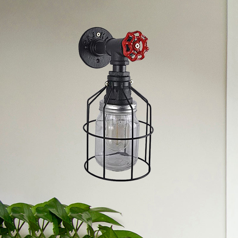 Avtoit | Vintage Caged Wall Lamp with Inner Pot Shade and Red Flap 1 Light Glass Wall Lighting in Blue/Transparent