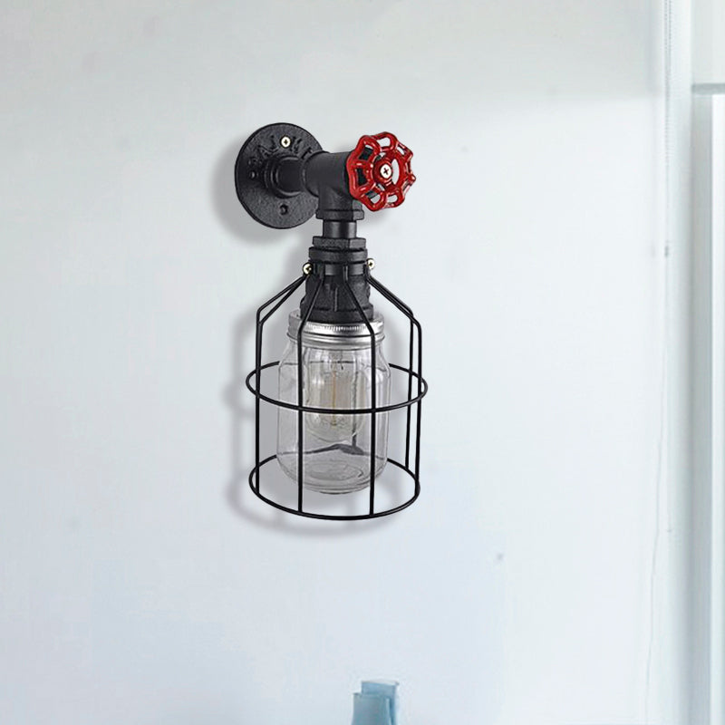 Avtoit | Vintage Caged Wall Lamp with Inner Pot Shade and Red Flap 1 Light Glass Wall Lighting in Blue/Transparent
