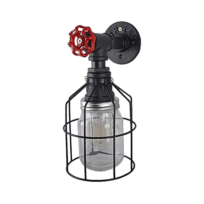 Avtoit | Vintage Caged Wall Lamp with Inner Pot Shade and Red Flap 1 Light Glass Wall Lighting in Blue/Transparent