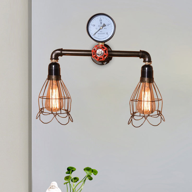 Avtoit | 2 Light Bulbs Wire Frame Wall Mount Light with Pressure Gauge Deco Antique Style Black Metal Wall Lighting