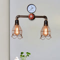 Avtoit | 2 Light Bulbs Wire Frame Wall Mount Light with Pressure Gauge Deco Antique Style Black Metal Wall Lighting