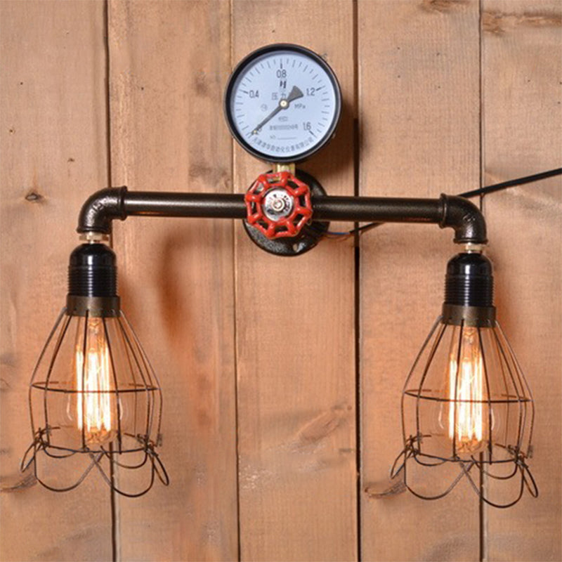 Avtoit | 2 Light Bulbs Wire Frame Wall Mount Light with Pressure Gauge Deco Antique Style Black Metal Wall Lighting