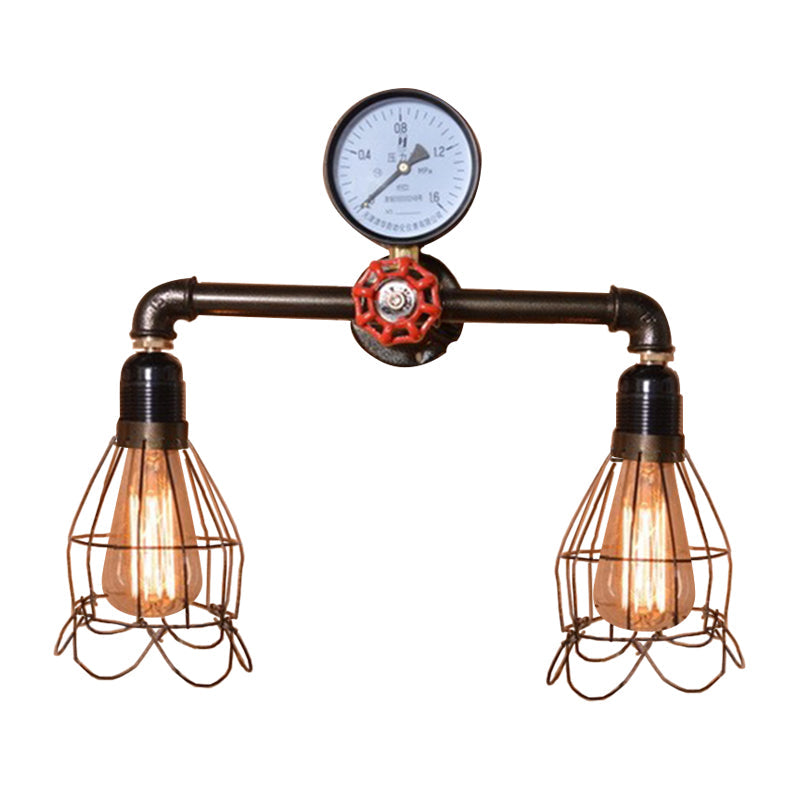 Avtoit | 2 Light Bulbs Wire Frame Wall Mount Light with Pressure Gauge Deco Antique Style Black Metal Wall Lighting