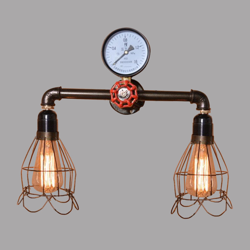Avtoit | 2 Light Bulbs Wire Frame Wall Mount Light with Pressure Gauge Deco Antique Style Black Metal Wall Lighting