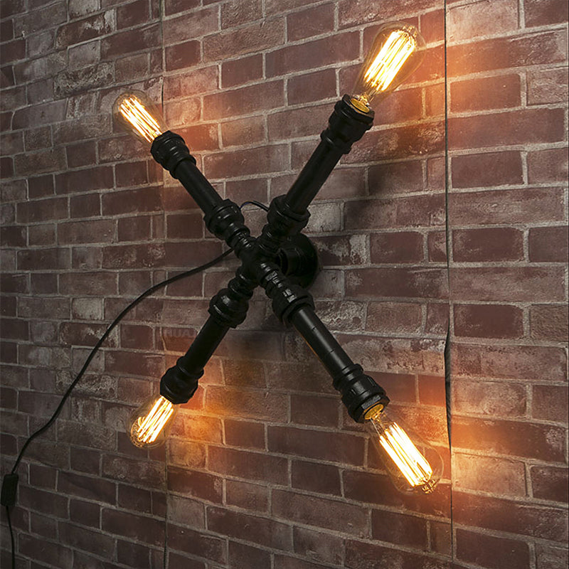 Avtoit | 4 bulbs X-shaped wall lighting with water pipe industrial black finish wrought iron wall lamp