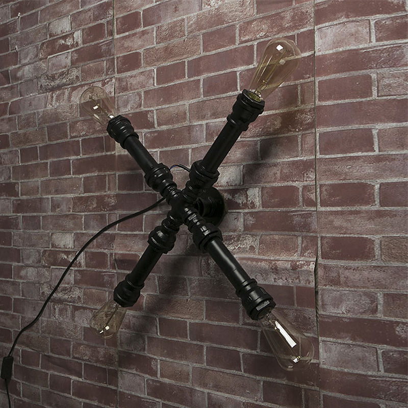 Avtoit | 4 bulbs X-shaped wall lighting with water pipe industrial black finish wrought iron wall lamp