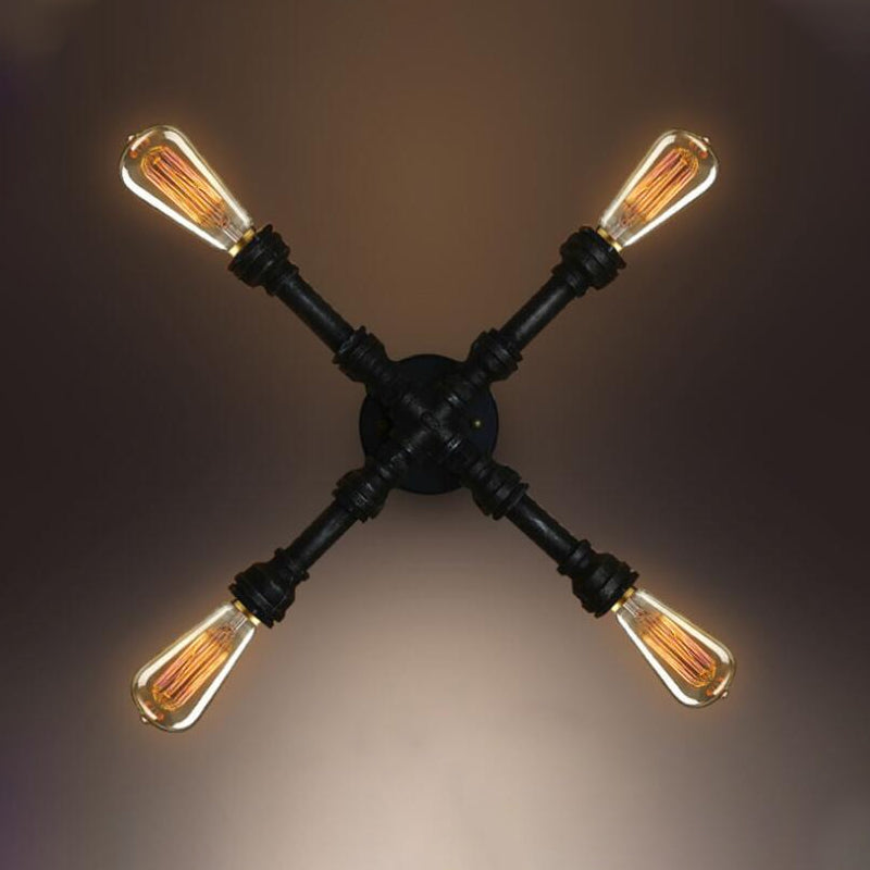 Avtoit | 4 bulbs X-shaped wall lighting with water pipe industrial black finish wrought iron wall lamp