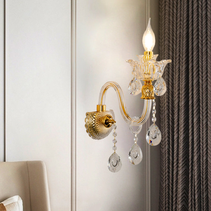Avtoit | 1/2-Bulb Clear Glass Coated Wall Light Vintage Gold Candle Style Lounge Wall Light with Curved Arm