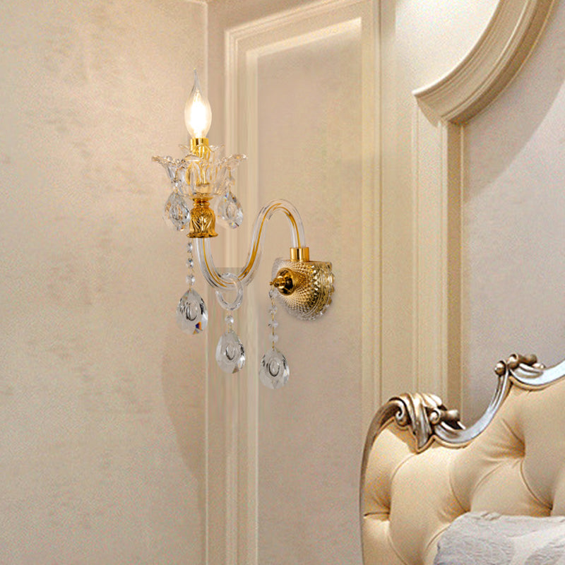 Avtoit | 1/2-Bulb Clear Glass Coated Wall Light Vintage Gold Candle Style Lounge Wall Light with Curved Arm
