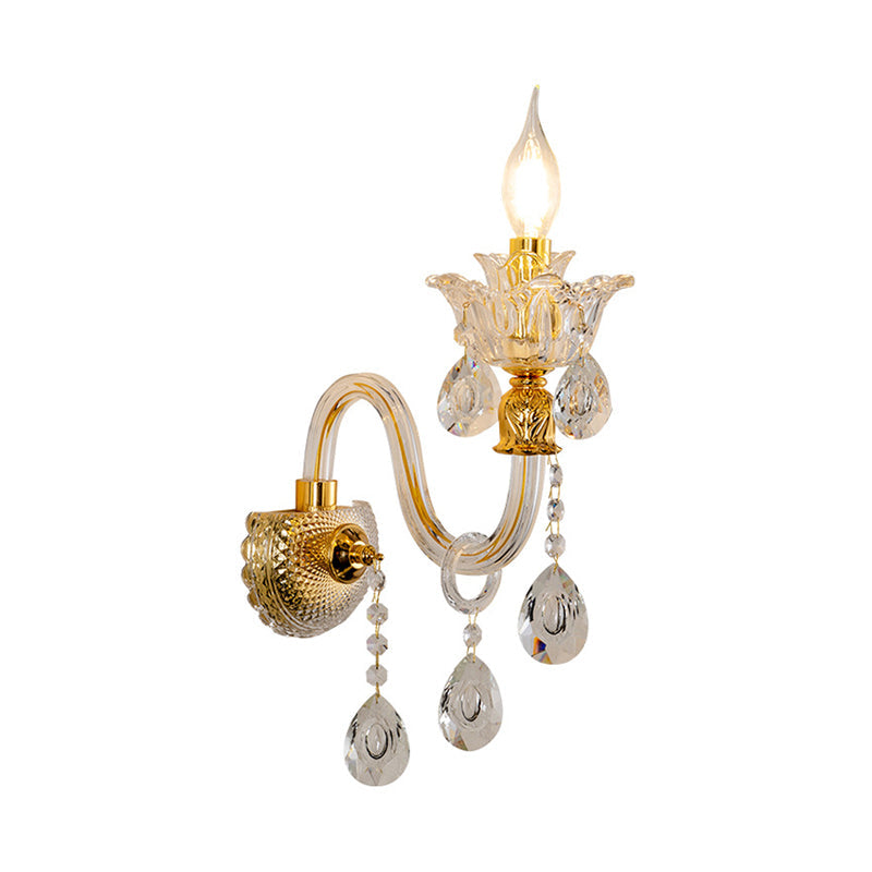 Avtoit | 1/2-Bulb Clear Glass Coated Wall Light Vintage Gold Candle Style Lounge Wall Light with Curved Arm