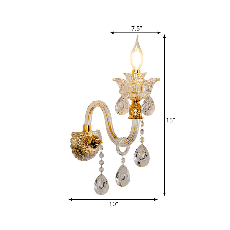 Avtoit | 1/2-Bulb Clear Glass Coated Wall Light Vintage Gold Candle Style Lounge Wall Light with Curved Arm