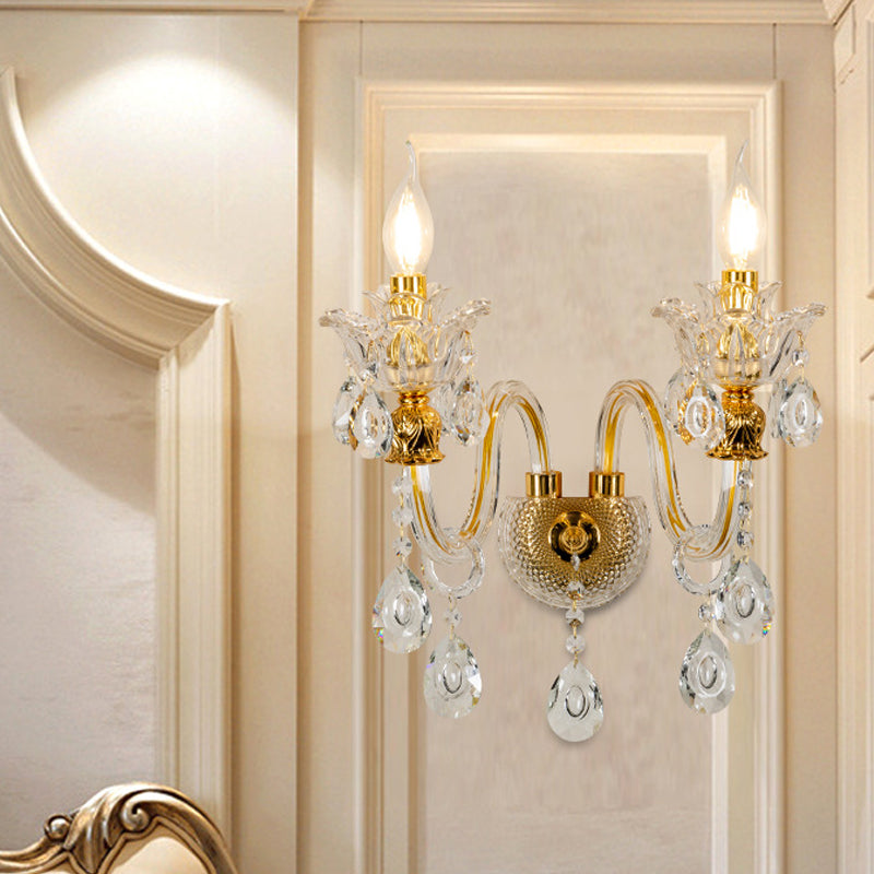 Avtoit | 1/2-Bulb Clear Glass Coated Wall Light Vintage Gold Candle Style Lounge Wall Light with Curved Arm