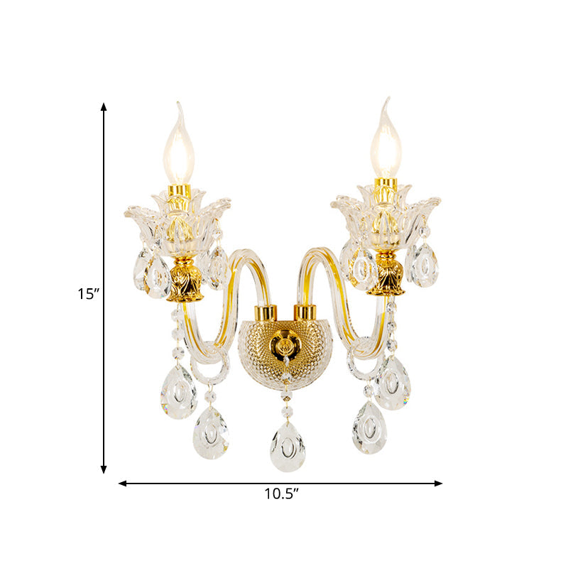 Avtoit | 1/2-Bulb Clear Glass Coated Wall Light Vintage Gold Candle Style Lounge Wall Light with Curved Arm